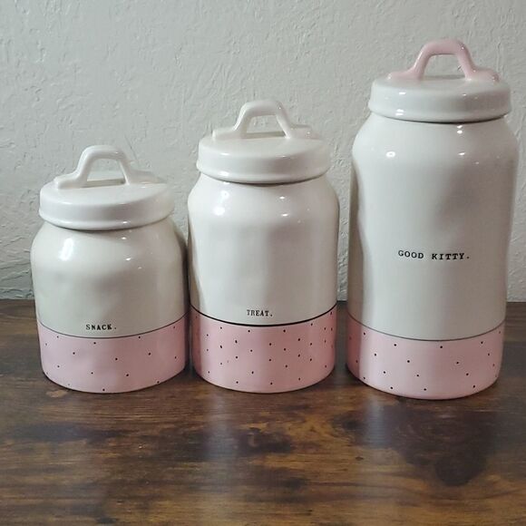𝅺RAE Dunn pink polka dot canister set Typewriter Font HTF - Picture 1 of 5